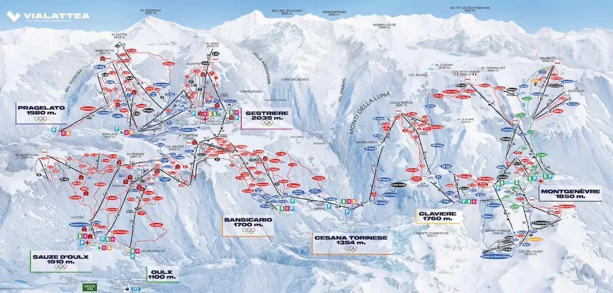 Plan détaillé des pistes de ski de Montgenèvre et du domaine des Monts de la Lune