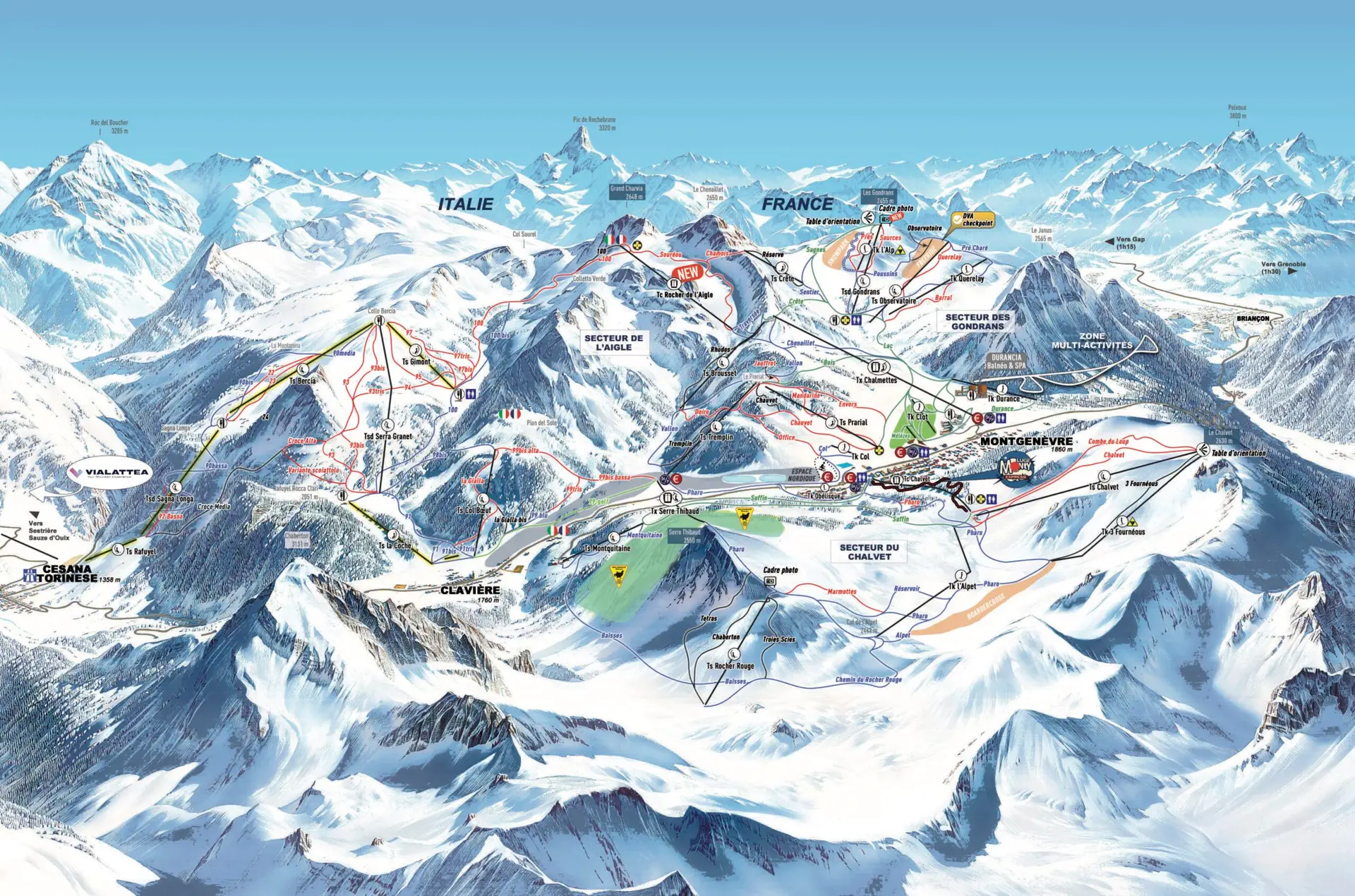 Plan des pistes Montgenèvre et domaine des Monts de la Lune entre France et Italie